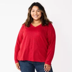 Plus Size Sonoma Goods For Life® Favorite Long Sleeve V-Neck Tee -Sonoma Store 5705505 Inviting Red