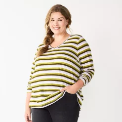 Plus Size Sonoma Goods For Life® Favorite Long Sleeve V-Neck Tee -Sonoma Store 5705505 Olive Stripe