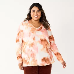 Plus Size Sonoma Goods For Life® Favorite Long Sleeve V-Neck Tee -Sonoma Store 5705505 Pink Multi Dye