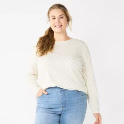 Plus Size Sonoma Goods For Life® Everyday Crewneck Long Sleeve Top -Sonoma Store 5714078 Beige Check