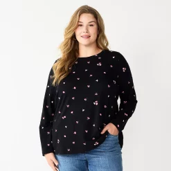 Plus Size Sonoma Goods For Life® Everyday Crewneck Long Sleeve Top -Sonoma Store 5714078 Black Floral