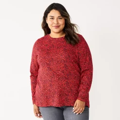 Plus Size Sonoma Goods For Life® Everyday Crewneck Long Sleeve Top -Sonoma Store 5714078 Red Floral