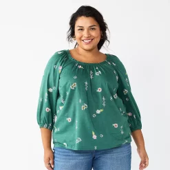 Plus Size Sonoma Goods For Life® Three Quarter Sleeve Top -Sonoma Store 5806763 Green Geo Floral