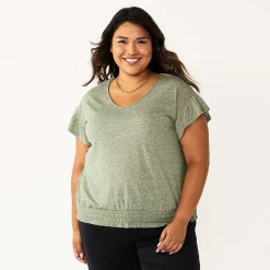 Plus Size Sonoma Goods For Life® Banded Bottom Ruffle Sleeve Top -Sonoma Store 5819597 Olive