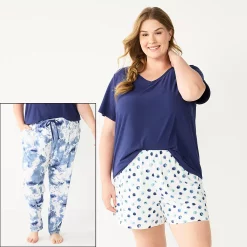 Plus Size Sonoma Goods For Life® 3-piece Pajama Top, Pajama Shorts & Pajama Pants Sleep Set -Sonoma Store 5879135 Blue Cloudy Dye