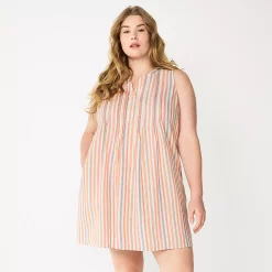 Plus Size Sonoma Goods For Life® Sleeveless Pintuck Tank Dress -Sonoma Store 5905629 Beige Multi Stripe