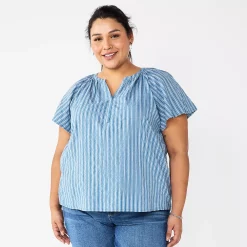 Plus Size Sonoma Goods For Life® Flutter Sleeve Y-Neck Top -Sonoma Store 5929300 Blue Stripe