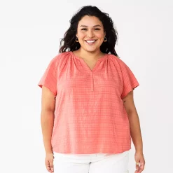 Plus Size Sonoma Goods For Life® Flutter Sleeve Y-Neck Top -Sonoma Store 5929300 Coral