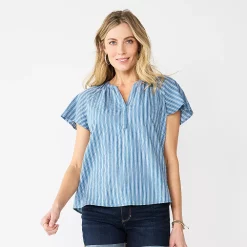 Women's Sonoma Goods For Life® Flutter Sleeve Y Neck Top -Sonoma Store 5931514 Blue Stripe