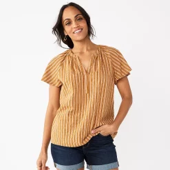Women's Sonoma Goods For Life® Flutter Sleeve Y Neck Top -Sonoma Store 5931514 Gold Stripe